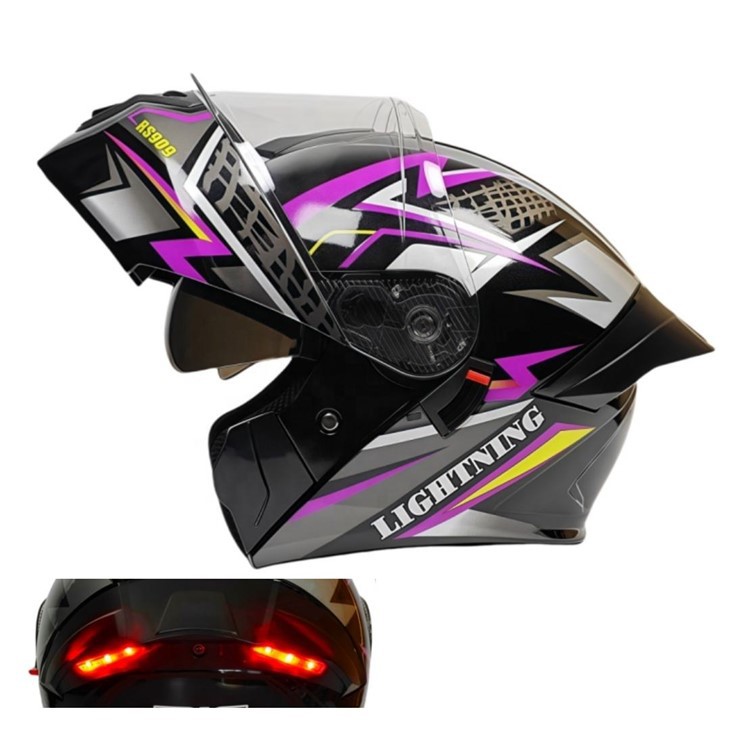 Golau Cynffon LED Flip Up Wyneb Llawn Helmet Beic Modur